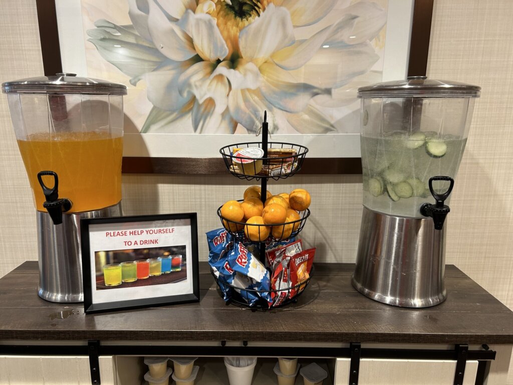 A close-up of the hydration station with chips and oranges, a gentle reminder to residents to eat and drink throughout the day. At Traditions of Columbus.